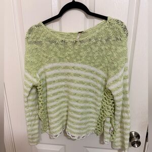 Free People Lime Green & White Striped Open Knit Scalloped Sweater 100% cotton